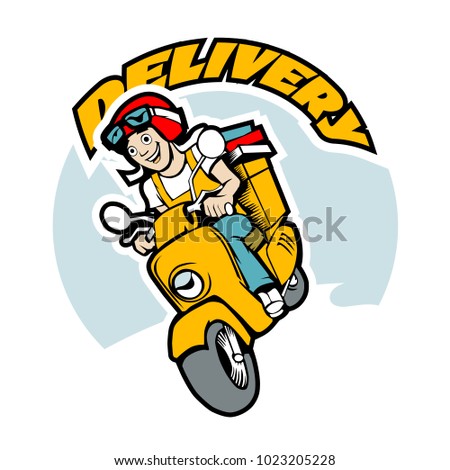 Delivery man on scooter. Cartoon illustration