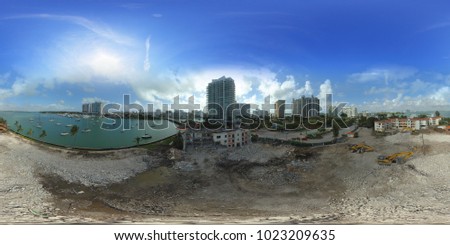 Aerial 360 spherical panorama of a construction site in Miami Beach Venetian Islands