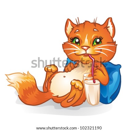 Milk cat. Red cat with milk drink on a pillow.