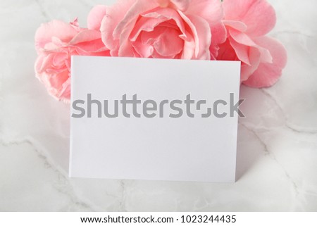 Business card feminine mockup. Branding card with flowers on background. Styled stock photography. Place for text