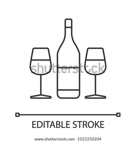 Wine and two glasses linear icon. Thin line illustration. Champagne. Contour symbol. Vector isolated drawing. Editable stroke
