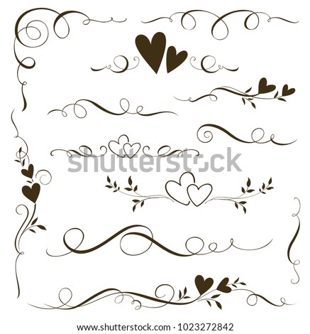 Vector set of floral calligraphic elements, dividers and love ornaments for page decoration and frame design. Decorative heart silhouette for wedding cards and invitations. 
