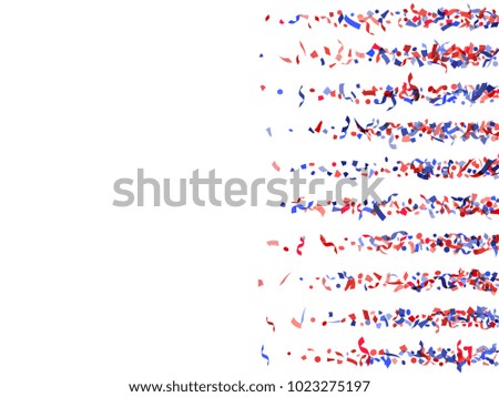Blue red realistic confetti flying on white. American Presidents Day patriotic background. Foil serpentine streamers confetti stripes in USA flag colors. Tinsel sparkle elements flying stripes border.