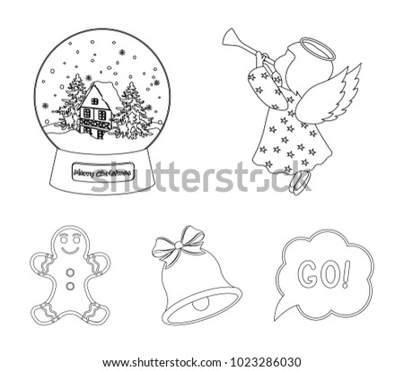 Angel, glass bowl, gingerbread and bell outline icons in set collection for design. Christmas vector symbol stock web illustration.