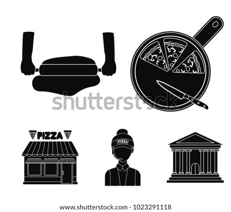 Pizza on a cutting board, a seller, a pizzeria, a rolling test. Pizza and pizzeria set collection icons in black style vector symbol stock illustration web.