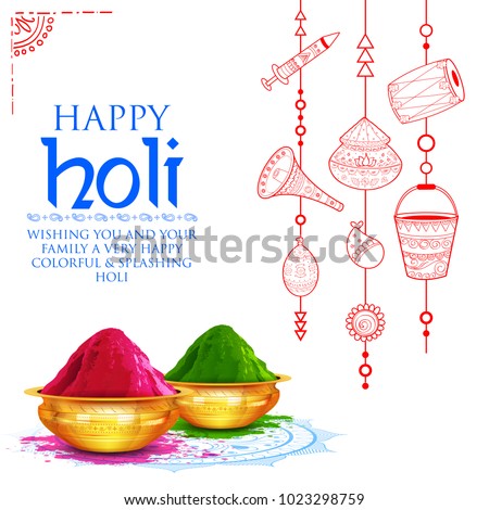 illustration of colorful gulal (powder color) in earthen bowl for Happy Holi Background Royalty-Free Stock Photo #1023298759
