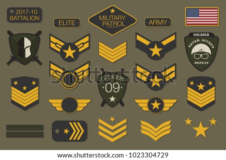 Military badges and army patches typography. Military embroidery chevron and pin design for t-shirt graphic. Vector Royalty-Free Stock Photo #1023304729