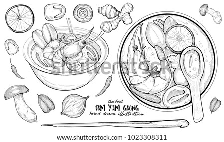 hand drawn illustration of thai food. Tom Yum Goong Royalty-Free Stock Photo #1023308311