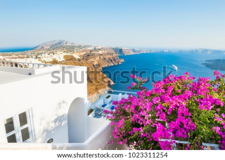 Santorini island, Greece. Beautiful terrace with pink flowers, summer landscape with sea view