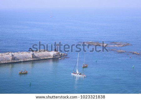 view of the sea and yacht blue background