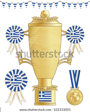 greece football trophy, medal and rosette, isolated on white