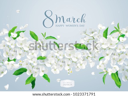 Modern floral vector  art - luxurious spring Apple blossom greeting card  in watercolor style for 8 March, wedding, Valentine's Day,  Mother's Day, sales and other events. Royalty-Free Stock Photo #1023371791