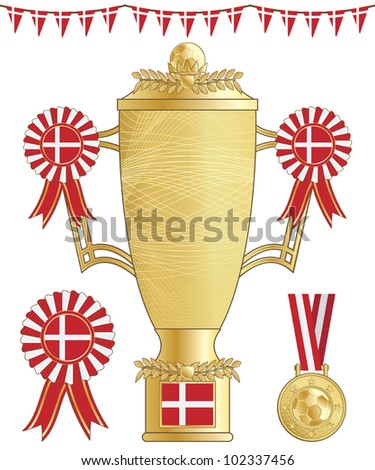 denmark football trophy, medal and rosette, isolated on white