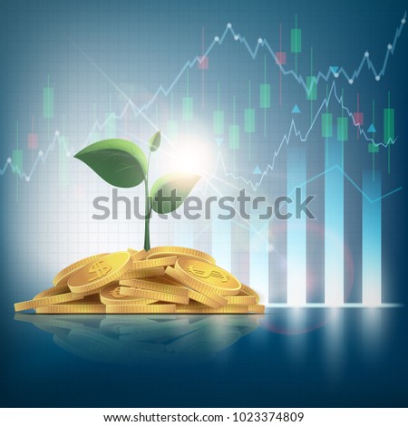 Pile of gold coins with green plants. Financial graphs and charts. Make money on the stock exchange. Stock vector illustration.