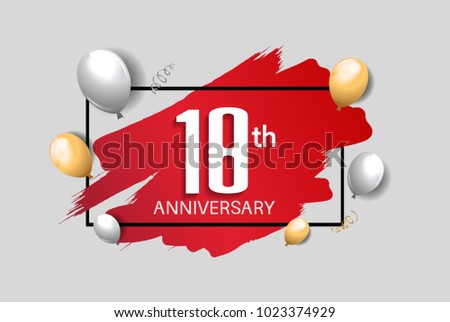 18th anniversary design with red brush, balloons, and square isolated on white background for celebration