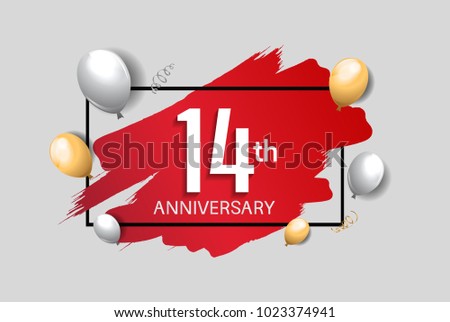 14th anniversary design with red brush, balloons, and square isolated on white background for celebration