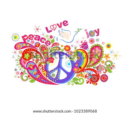 Colorful T-shirt print with hippie peace symbol, flying dove with olive branch, abstract flowers, paisley and rainbow on white background