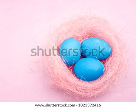 Color easter eggs in pink nest on pastel background.