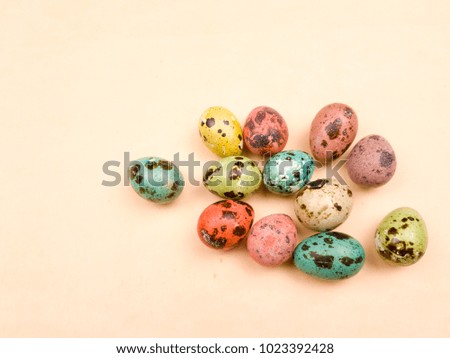 Quail easter color eggs on pastel yellow background. Close up.
