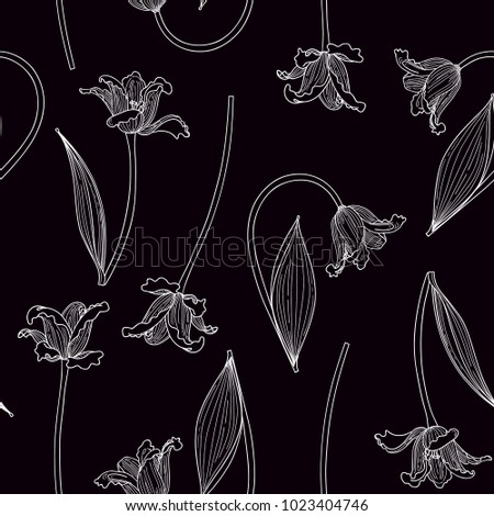 Vector illustration of hand drawn white tulips on black background. Seamless pattern.