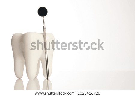Tooth model and dental mirror. Ceramic tooth and dentist equipment, steel dental mirror tool isolated on white background with copy space, close-up. Dentist stomatology medical concept 