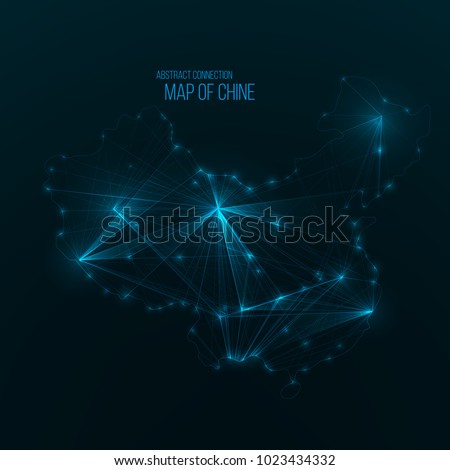 Digital web map of Chine. Global network connection with glowing triangular elements . Abstract country wireframe . Technology vector illustration . Chine shape