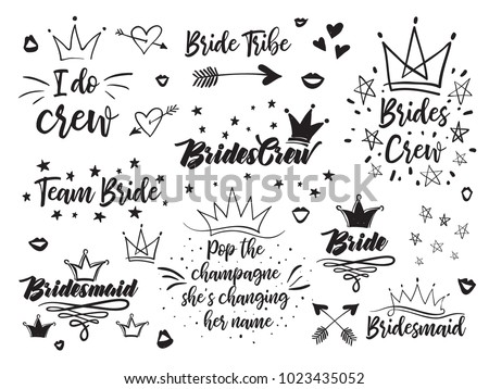 Set of hen bridal and bachelorette party vector logo, slogan, emblem, text. Black card simple t-shirt desgn and  illustration on white background in hand drawn hipster style. Royalty-Free Stock Photo #1023435052
