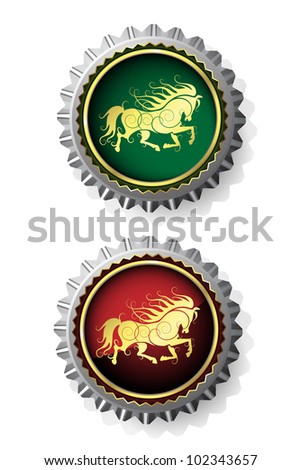 Bottle caps with gold horse