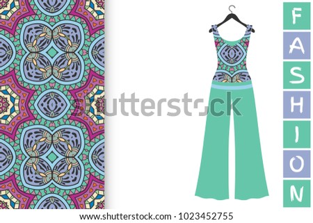 Fashion art collection, vector illustration. Women's blouse, trousers and colorful seamless pattern for textile fabric, paper print, invitation or business card design. Isolated elements