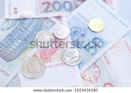 National Croatian Kuna currency notes.Paper note of Hrvatska Kuna and metal coin Lipa. Money from Croatia. Royalty-Free Stock Photo #1023456580