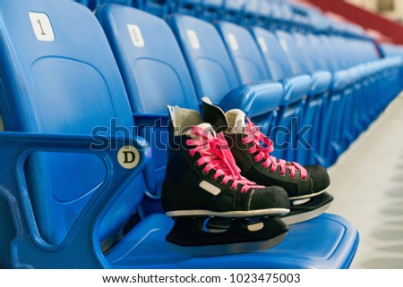 Black hockey skates with pink bootlace on the blue chair on the stadium. Blur chairs perspective. 