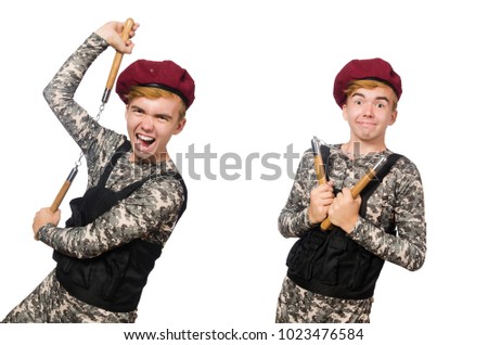 Funny soldier in military concept isolated on the white