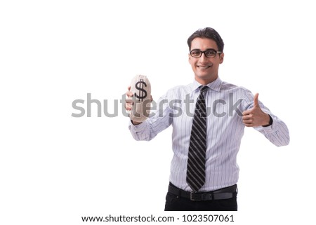 Young businessman with money sack isolated on white background