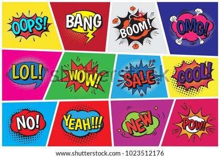 Pop art comic vector speech cartoon bubbles in popart style with humor text boom or bang bubbling expression asrtistic comics shapes set isolated on background illustration Royalty-Free Stock Photo #1023512176