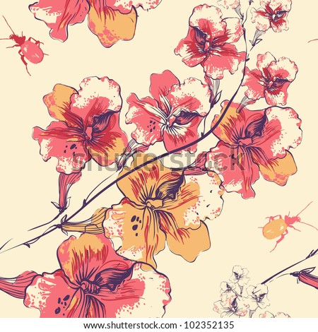 vector floral seamless pattern with blooming flowers and colorful beetles