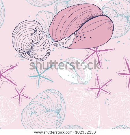 vector  seamless pattern with seashells and sea stars