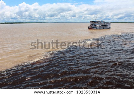 Meeting of the Waters of Rio Negro and the Amazon River or Rio Solimoes near Manaus, Amazonas, Brazil in South America Royalty-Free Stock Photo #1023530314
