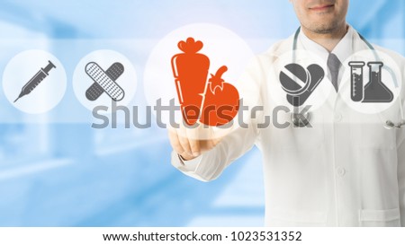 Healthcare nutrition concept. -  Doctor points at vegetable and fruit emphasizing healthy food eating as medical treatment for illness.
