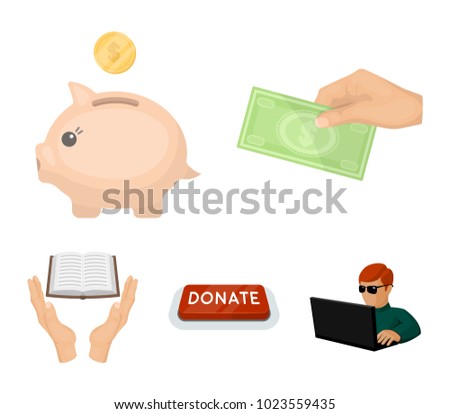 Hand with money for poshestvovaniya, a piggy bank for charity, a button with an inscription, a book for the blind in their hands. Charity and donation set collection icons in cartoon style vector