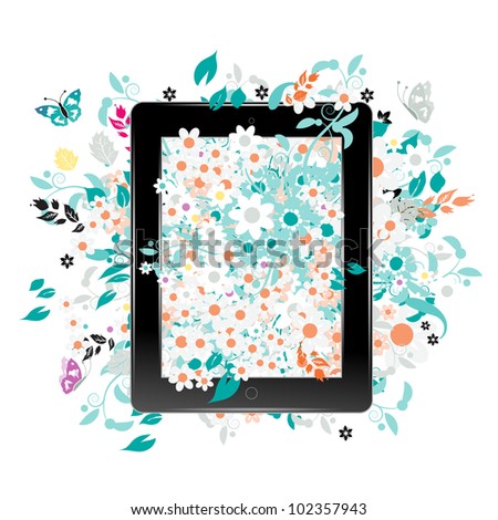 Black abstract tablet pc with floral decoration for your design