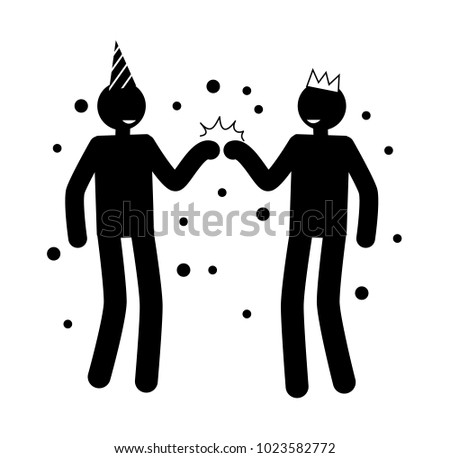 Happy men black silhouettes with smile dark outline figure cheers by hands in funny caps vector isolated on white. Males posture friendship concept