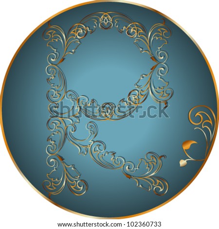 Vector illustration. Letter R, gold floral design.