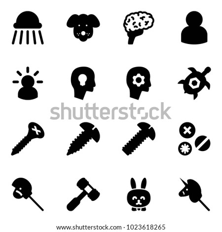 Solid vector icon set - shower vector, dog, brain, user, idea, head bulb, work, sea turtle, screw, rivet, horse stick toy, hammer, rabbit, unicorn