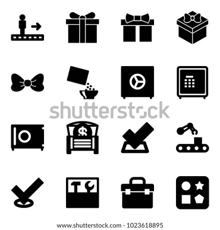 Solid vector icon set - travolator vector, gift, bow, cereal, safe, money chest, check, conveyor, tool box, cube hole toy