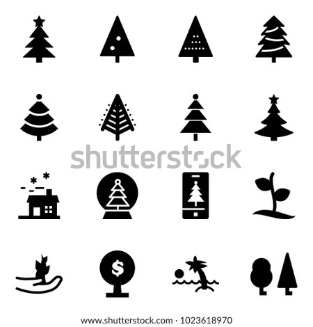 Solid vector icon set - christmas tree vector, house, snowball, mobile, sproute, hand, money, palm, forest