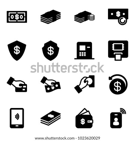 Solid vector icon set - dollar vector, cash, safe, atm, card pay, money back, mobile payment, finance management, identity