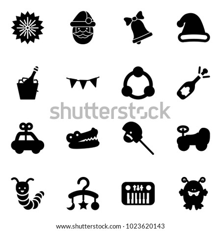 Solid vector icon set - firework vector, santa claus, bell, christmas hat, champagne, flag garland, community, fizz opening, car toy, crocodile, horse stick, baby, caterpillar, carousel, piano