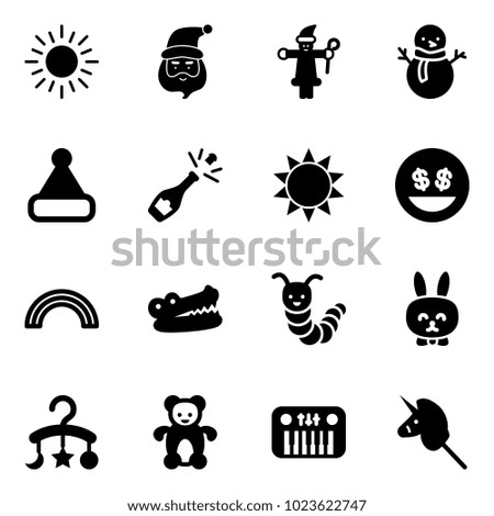 Solid vector icon set - sun vector, santa claus, snowman, christmas hat, champagne, money smile, rainbow, crocodile, toy caterpillar, rabbit, baby carousel, bear, piano, unicorn stick