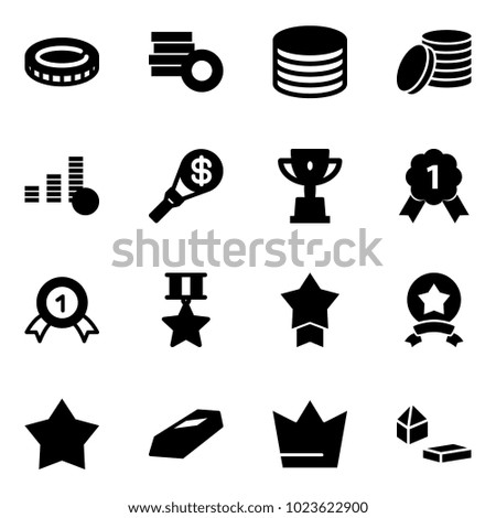 Solid vector icon set - coin vector, money torch, win cup, gold medal, star, crown, constructor blocks