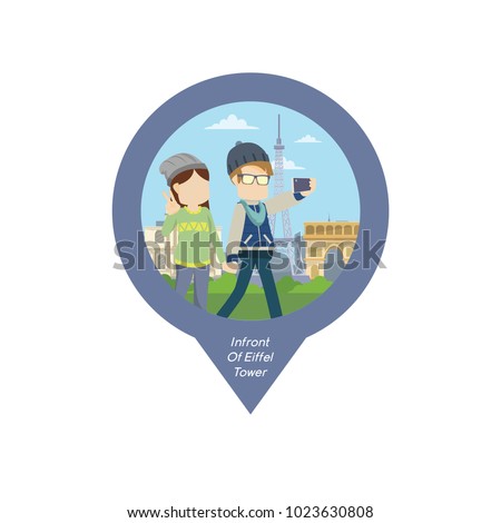 Couple Walking And Selfie In Front Of Eiffel Tower Pin Map